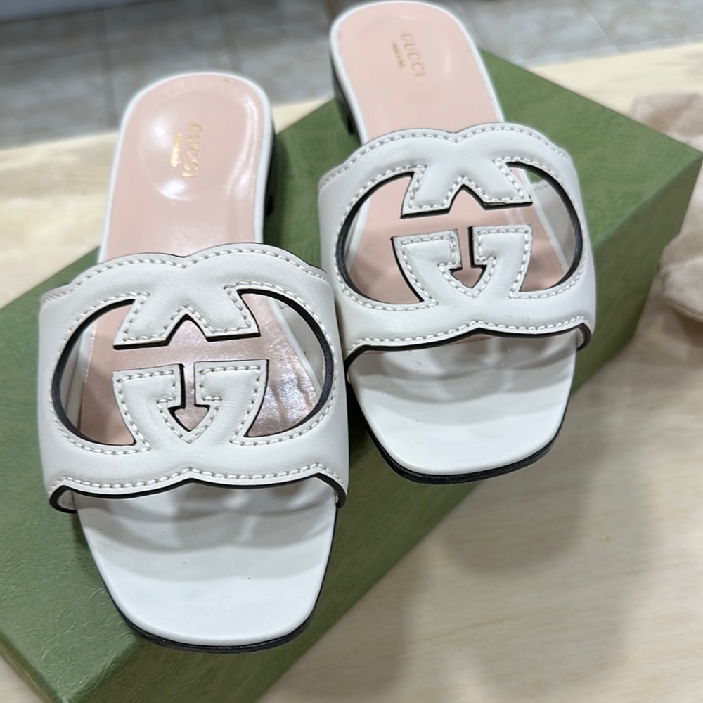 Gucci mystic white Slide Sandals with Iconic G Logo